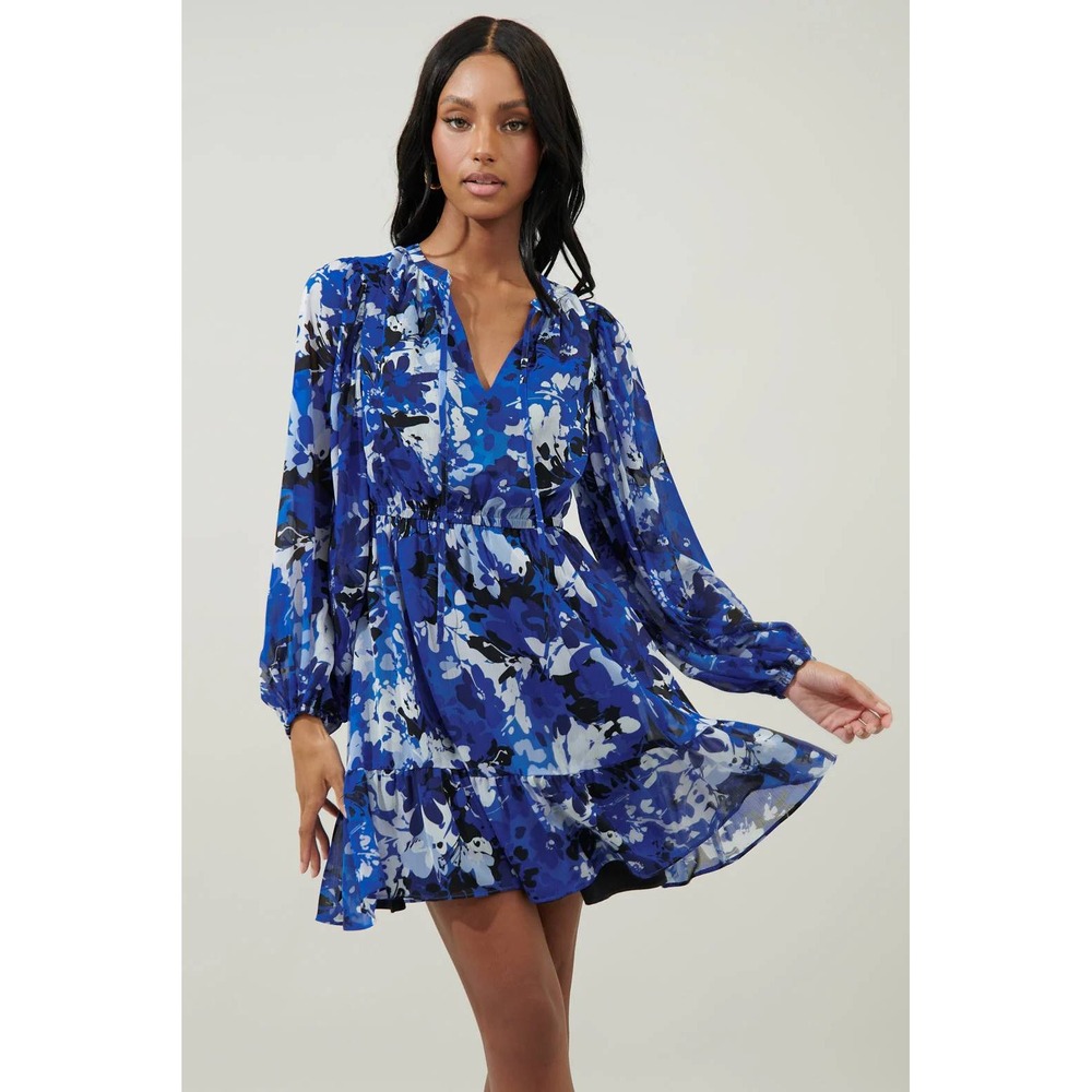Sugarlips Moonflower Paxton Balloon Long Sleeve Floral Mini Dress Medium Ruffle